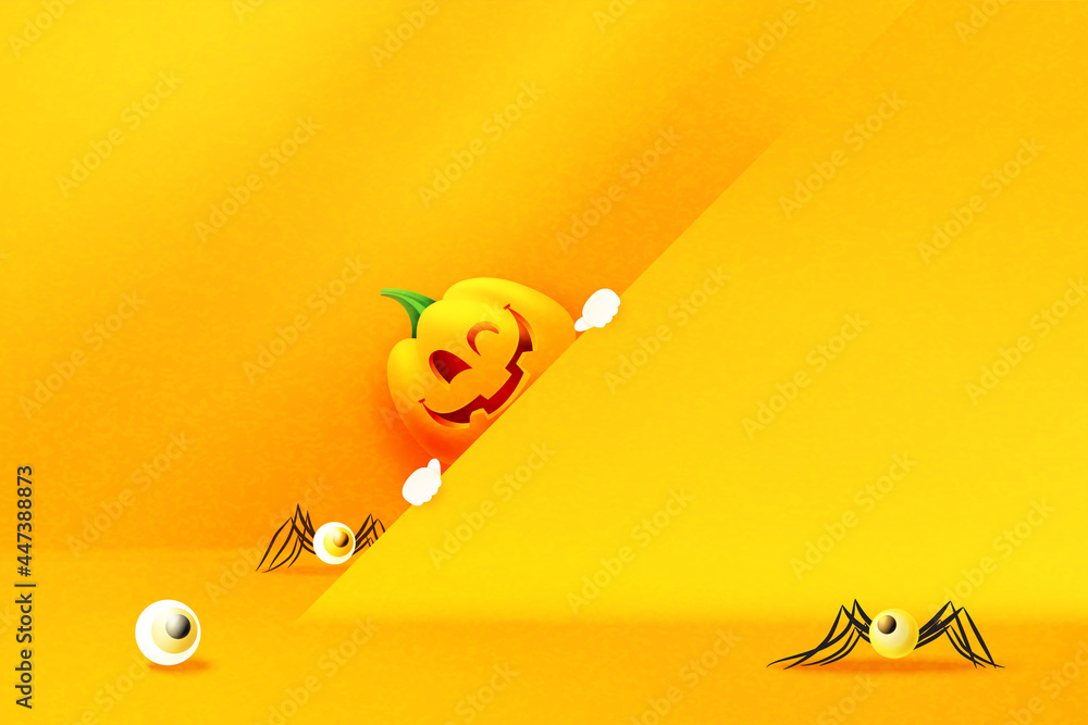 Aufkleber Halloween abstract background template design with yellow product display. 3d Paper art abstract minimal geometric shape background.