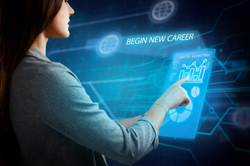 Business, Technology, Internet and network concept. Young businessman working on a virtual screen of the future and sees the inscription: Begin new career