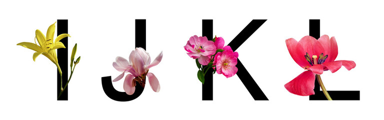 Flower font letter I, J, K, L create with real floral. Bloom flora font for decoration in spring, summer concept