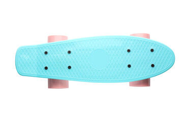 Turquoise skateboard with pink wheels isolated on white, top view. Sport equipment