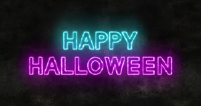 Happy Halloween neon flaming flashing text with glow effect on the background of an old wall, creativity graphics and modern design