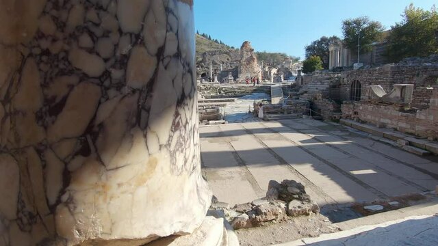 Dolly panning shot of prehistoric ruins of Roman Byzantine Empire in Ephesus Izmir Turkey.