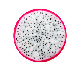 slice of Ripe Dragon fruit, Pitaya or Pitahaya isolated on white background, fruit healthy concept, Top view