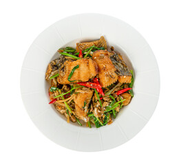 Fried fish with celery isolated on white background with clipping path