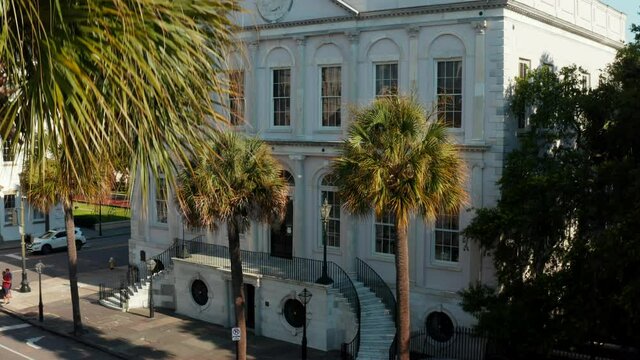 Charleston County Courthouse in South Carolina, SC USA. Rising aerial reveal. Same architect designed Presidents White House in Washington.