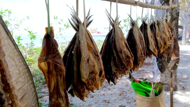 Dried fishing hanging in the sun at a local market on a tropical island in Timor Leste, South East Asia