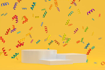 Abstract scene yellow background 3d rendering with white podium, confetti and multicolor ribbons for festival