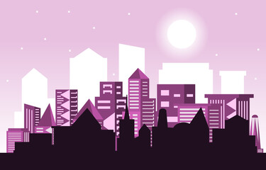 Naklejka premium Night Moon Modern City Skyscraper Building Cityscape Skyline Illustration