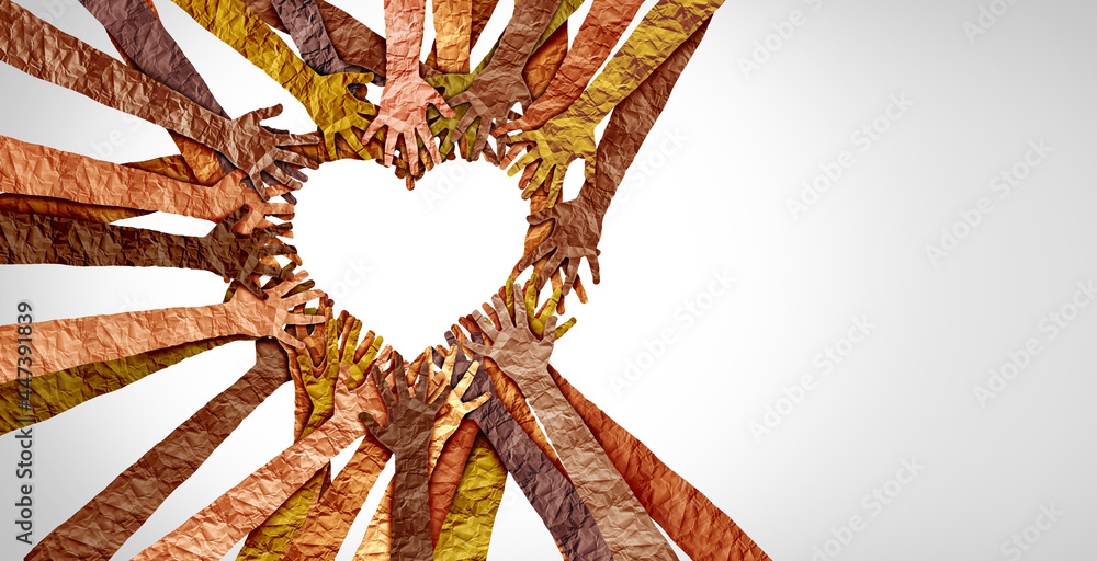 Poster diverse hands heart and united diversity or unity partnership in a group of multicultural people con