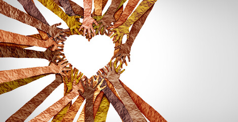 Diverse hands heart and united diversity or unity partnership in a group of multicultural people connected together shaped as a support symbol expressing the feeling of teamwork and togetherness - obrazy, fototapety, plakaty