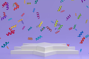 Abstract scene purple background 3d rendering with white podium, confetti and multicolor ribbons for festival