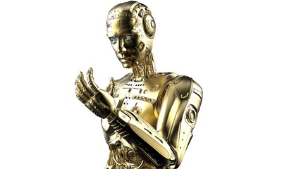 Detailed appearance of the Gold AI robot under white background. 3D illustration. 3D high quality rendering. 3D CG.