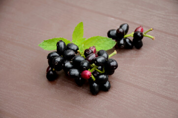 closeup blackberry fruit with green mint over out of focus brown background.