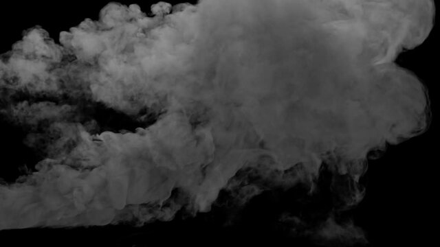 A cloud of dark smoke enters from the left, crosses the frame and dissipates completely on a transparent alpha channel background.