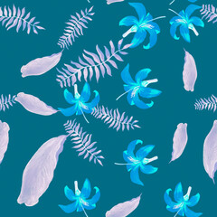 Purple Tropical Nature. Violet Seamless Vintage. Blue Pattern Design. Lavender Floral Palm. Navy Flower Nature. Indigo Decoration Hibiscus. Drawing Textile.