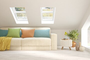 White living room with sofa. Scandinavian interior design. 3D illustration
