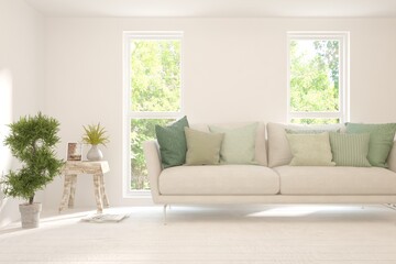 White living room with sofa and summer landscape in window. Scandinavian interior design. 3D illustration