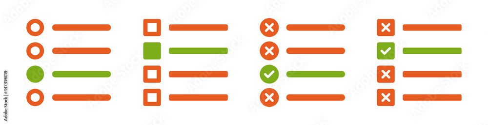 Poster List vector icon with checkbox set. Multiple choice MCQ symbol. Correct and wrong answers, quiz concept.