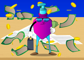 Cartoon bottle of hand sanitizer gel for hygiene with face as boss with suitcase or bag holding or showing money bills.