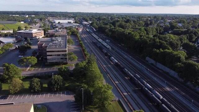 Empty train tracks next a business park in Braintree, Massachusetts.