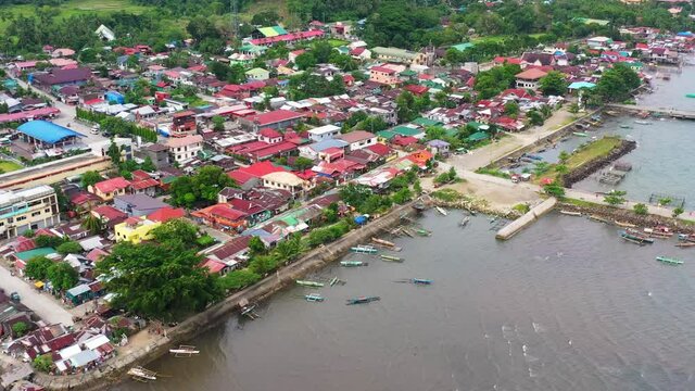 Aerial View Of Boats Moored On Harbor Of Saint Bernard Municipality In Southern Leyte Province in the Philippines.