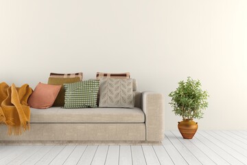 Modern living room in white color with sofa. Scandinavian interior design. 3D illustration