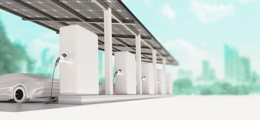 EV car parking charging at modern charger station. Renewable energy storage stand with solar panels and green city in background. 3d illustration.