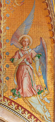 Obraz na płótnie Canvas VIENNA, AUSTIRA - JUNI 24, 2021: The fresco of angel with the tompeth in the Votivkirche church by brothers Carl and Franz Jobst (sc. half of 19. cent.).