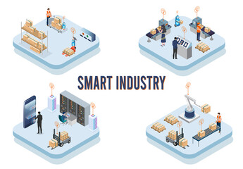 Modern isometric design concept of Smart Industry with development production packaging, 
global logistics partnership, delivery, automated production line. Vector illustration Eps10