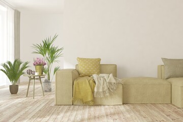 White living room with sofa. Scandinavian interior design. 3D illustration