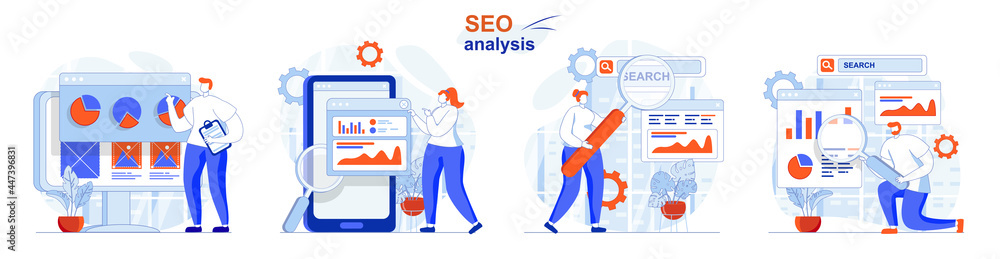 Aufkleber seo analysis concept set. analysis of search query data, business statistics. people isolated scenes