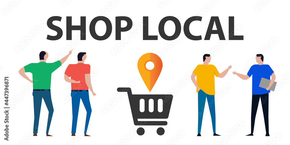 Poster shop local shopping cart with mark location pointer pin symbol icon of locally business store