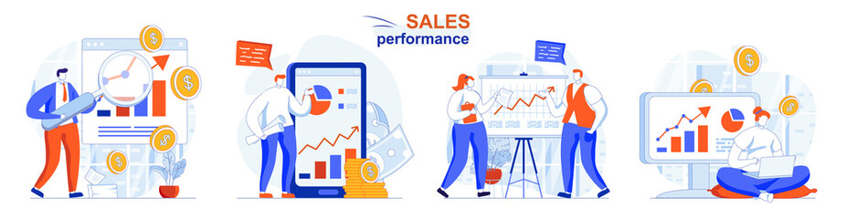 Sales performance concept set. Statistics analysis, data analytics, income growth. People isolated scenes in flat design. Vector illustration for blogging, website, mobile app, promotional materials.