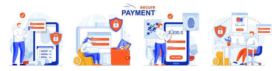 Fototapeta na wymiar Secure payment concept set. Safe online shopping, protection of transactions. People isolated scenes in flat design. Vector illustration for blogging, website, mobile app, promotional materials.