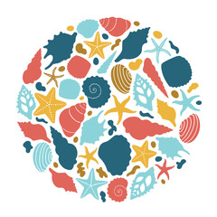 Abstract illustration of summer time concept. Underwater set of silhouettes. .Starfish, shells, shapes. Flat vector illustration of round shape.