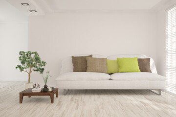 Soft color living room with sofa. Scandinavian interior design. 3D illustration