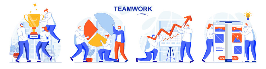Teamwork concept set. Team works together, develops business, receives awards. People isolated scenes in flat design. Vector illustration for blogging, website, mobile app, promotional materials.