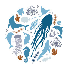 Abstract illustration of summer time concept. Underwater set of silhouettes. .Marine life, coral, seaweed. Flat vector illustration of round shape.
