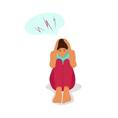 Woman grabbed her head, severe headache. The upset girl hugged her knees and head with her hands. Vector flat illustration.