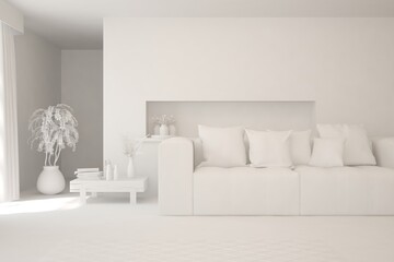 Mock up of stylish room in white color with sofa. Scandinavian interior design. 3D illustration