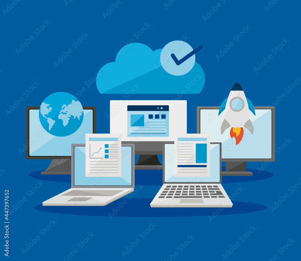 Poster computers and laptops with digital icons