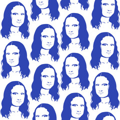 Seamless pattern with the image of the Mona Lisa's faces in a flat style on a white background. Based on the masterpiece of Leonardo da Vinci. Vector illustration