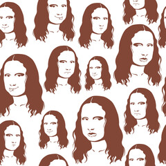 Seamless pattern with the image of the Mona Lisa's faces in a flat style on a white background. Based on the masterpiece of Leonardo da Vinci. Vector illustration