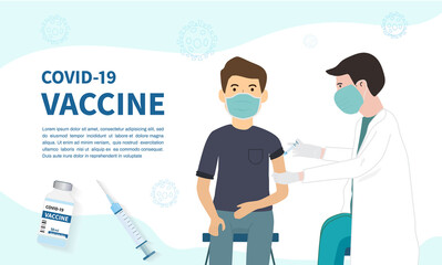 Doctor makes an injection of vaccine to man. Vaccination and healthcare concept. Covid-19 vaccine banner background template. Vector illustration.