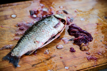 Prepare fish and fish innards for cooking with a knife on a cutting board