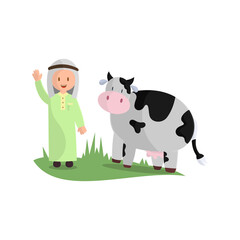 Happy Eid Adha. Celebration of Muslim holiday the sacrifice a cow