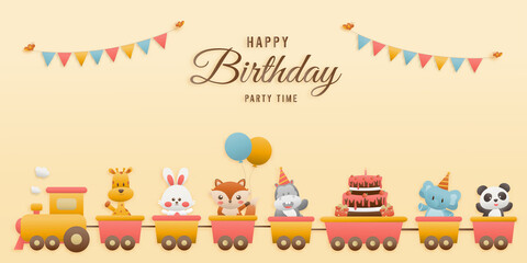 Cute jungle animal on train birthday greeting card. jungle animals celebrate children's birthdays and template invitation paper and papercraft style vector illustration. Theme happy birthday.