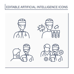 AI diagnostic line icons set. Modern technologies in medical sphere. Digital technologies concept. Isolated vector illustrations. Editable stroke