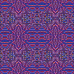 Multicolored striped seamless texture with patterns of various mosaic shapes. Design for wallpapers, carpets, linoleum, blankets, fabrics, curtains, packaging and other home decor.