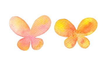 Set of abstract pink yellow and orange watercolor butterfly on white background. Decorative insects illustration. watercolor stains